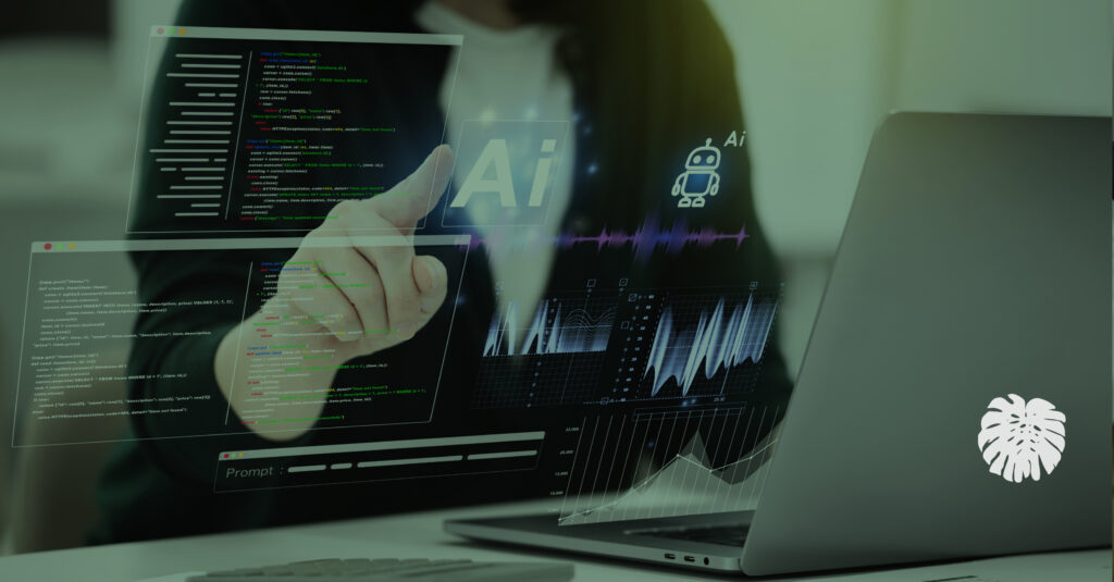 Digital interface with AI and data visualizations displayed above a laptop, illustrating technology-assisted translation tools.