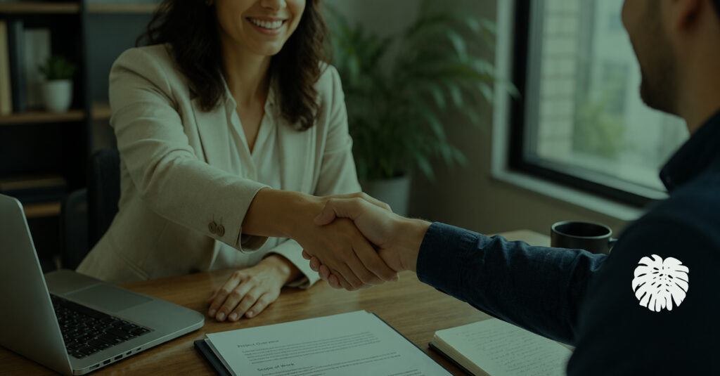 Two professionals shaking hands across a conference table during a business meeting, representing the transition to a new translation partner and onboarding process.